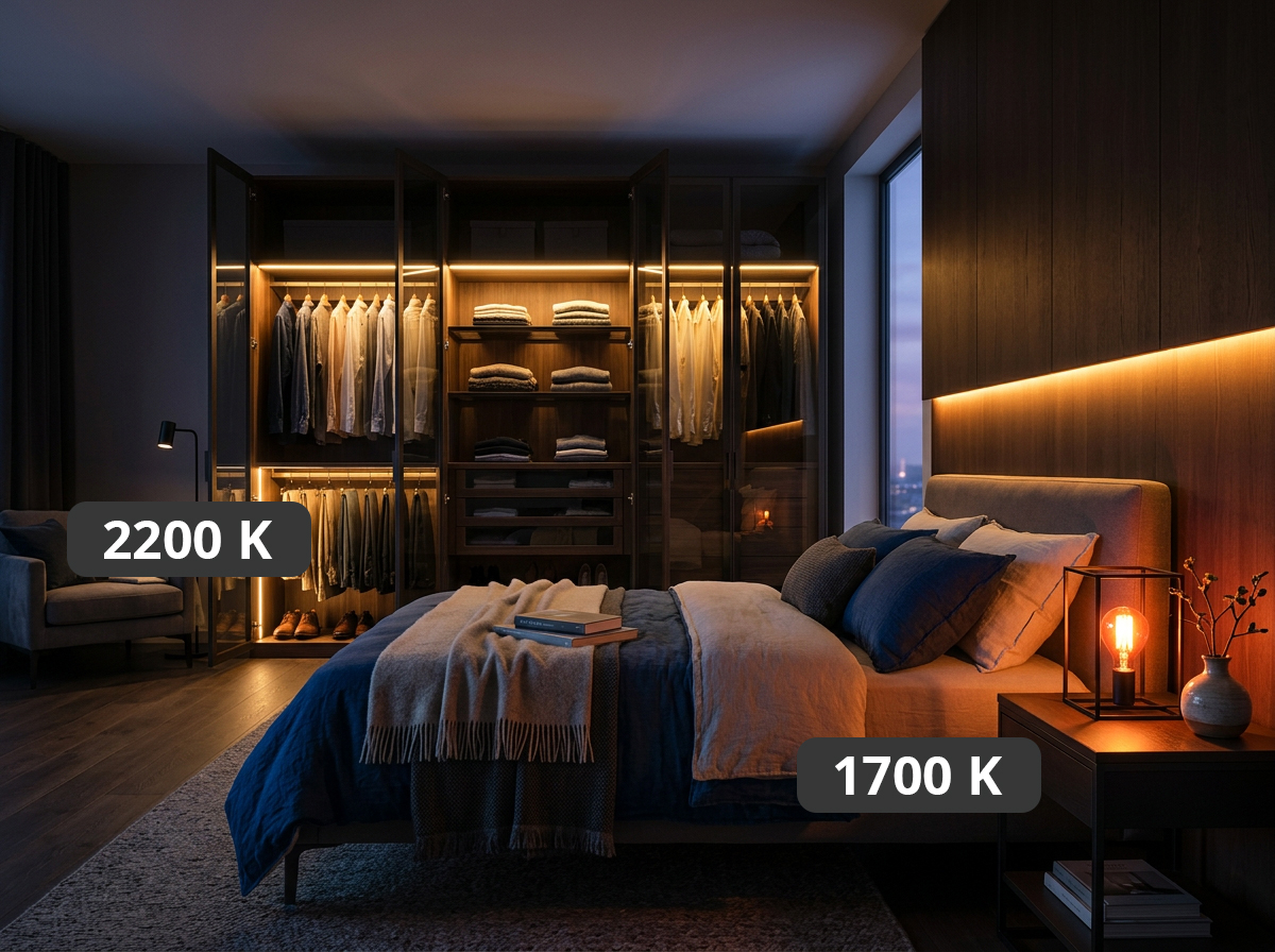 Moderní ložnice osvětlená dvěma různými odstíny teplé bílé barvy - Amber 1700 K a Extra teplé bílé 2200 K