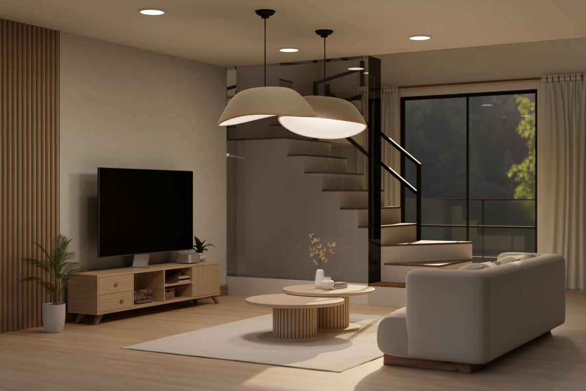 Designový obývací pokoj osvělený LED svítidly. Pokoj je v béžovém stylu.