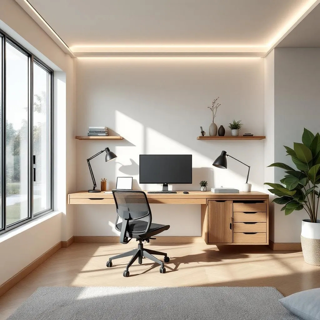 Designové pracovní místo osvětlené LED svítidly a LED pásky