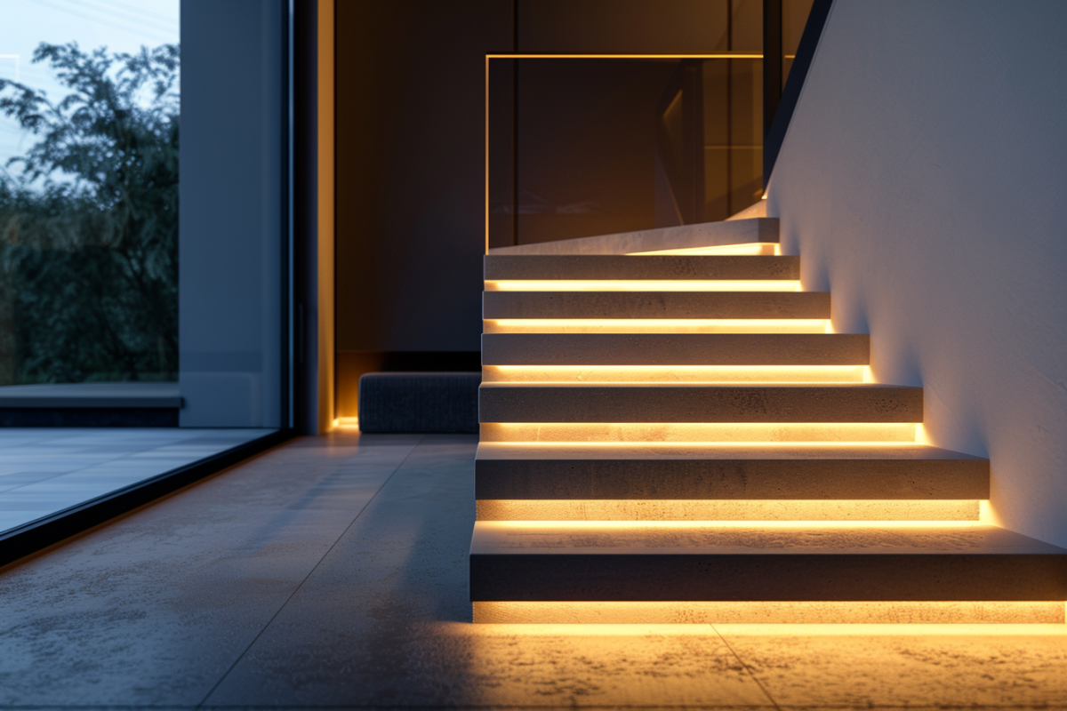 Osvětlení moderního schodiště LED pásky