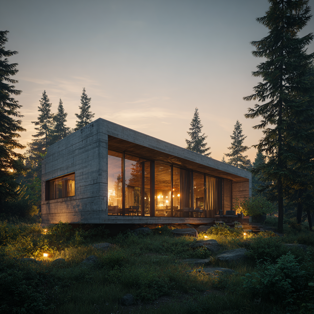 Chalupa v lese osvětlená pomocí LED svítidel