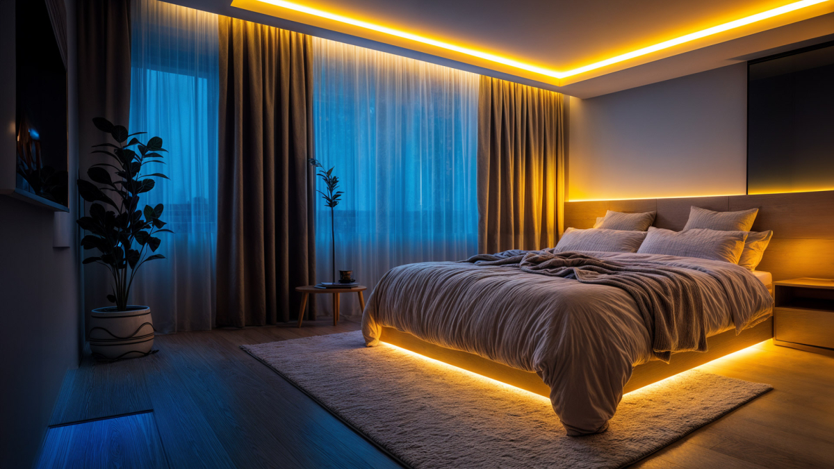 Moderní ložnice podsvícená oranžovým LED páskem. Podsvícený je strop i samotná postel.