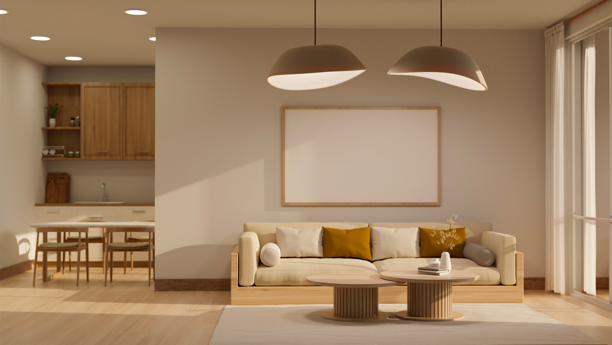 Moderní obývací pokoj v béžovém stylu osvětlený designovým osvětlením